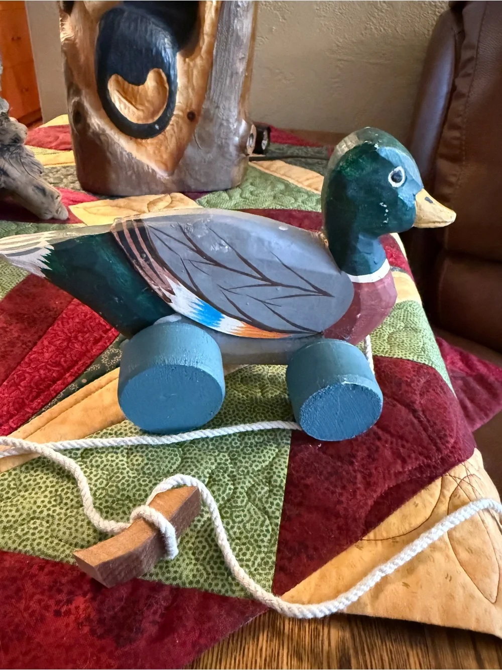Vintage Hand-Painted Wooden Mallard Pull Toy Green/Brown/Blue